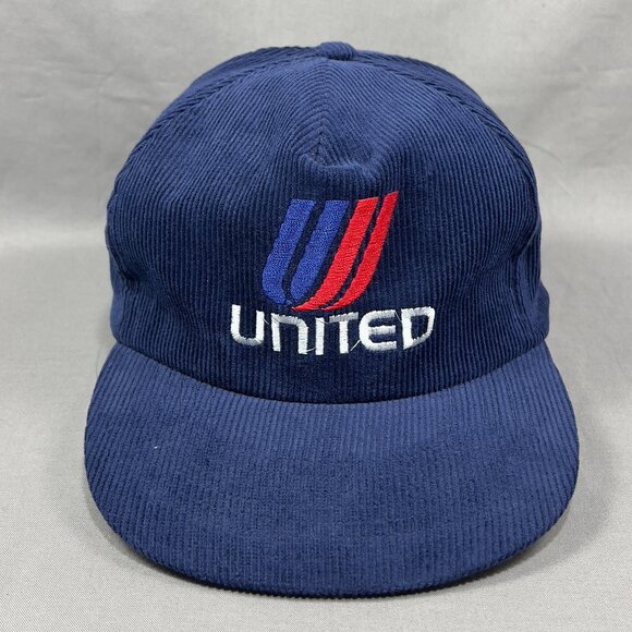 Vtg United Airlines Corduroy Snapback Hat Cap Blue Dorfman Pilot Fly Plane Mens - Picture 2 of 12